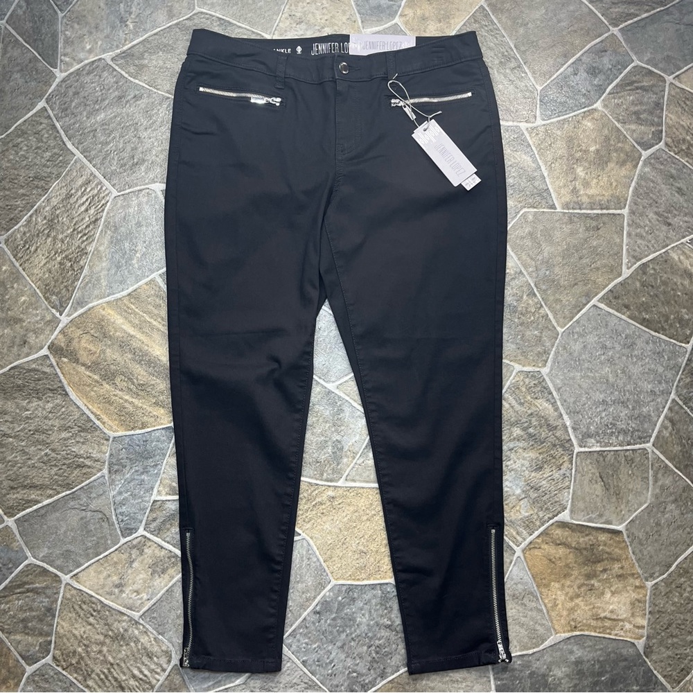 Jennifer Lopez Ankle Zip Skinny Mid Rise Black Tie Pants - Picture 2 of 15